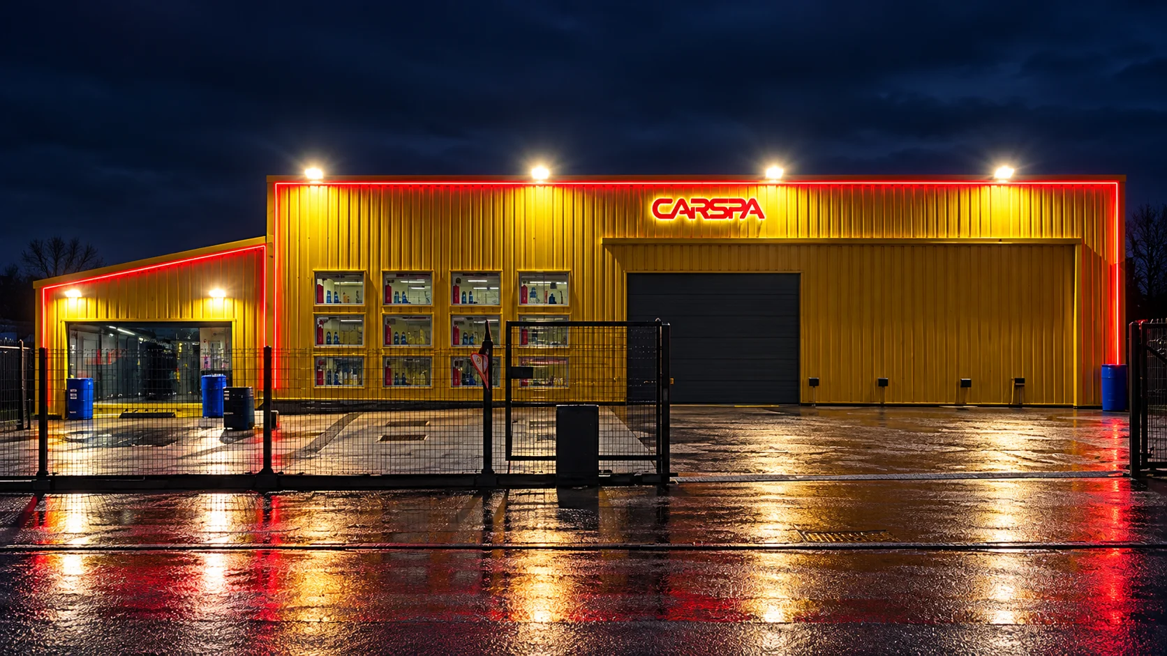 Carspa Autocare in Airdrie illuminated at night